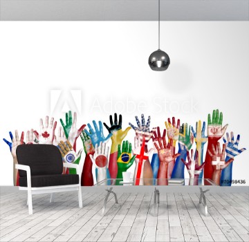 Picture of Group of Diverse Flag Painted Hands Raised